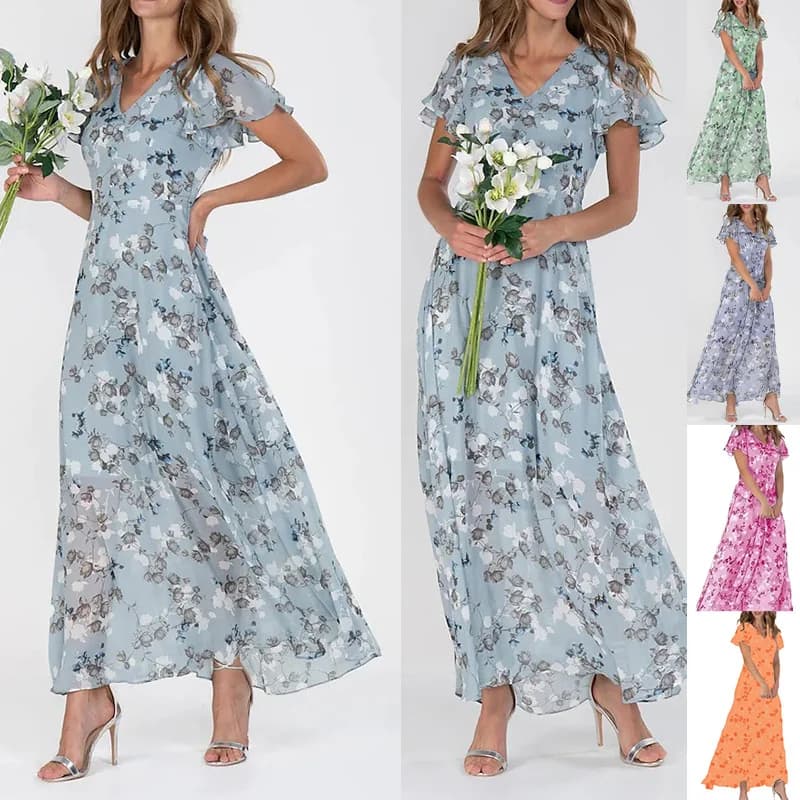 Floral Chiffon Ruffled V-Neck Swing Dress — image 1