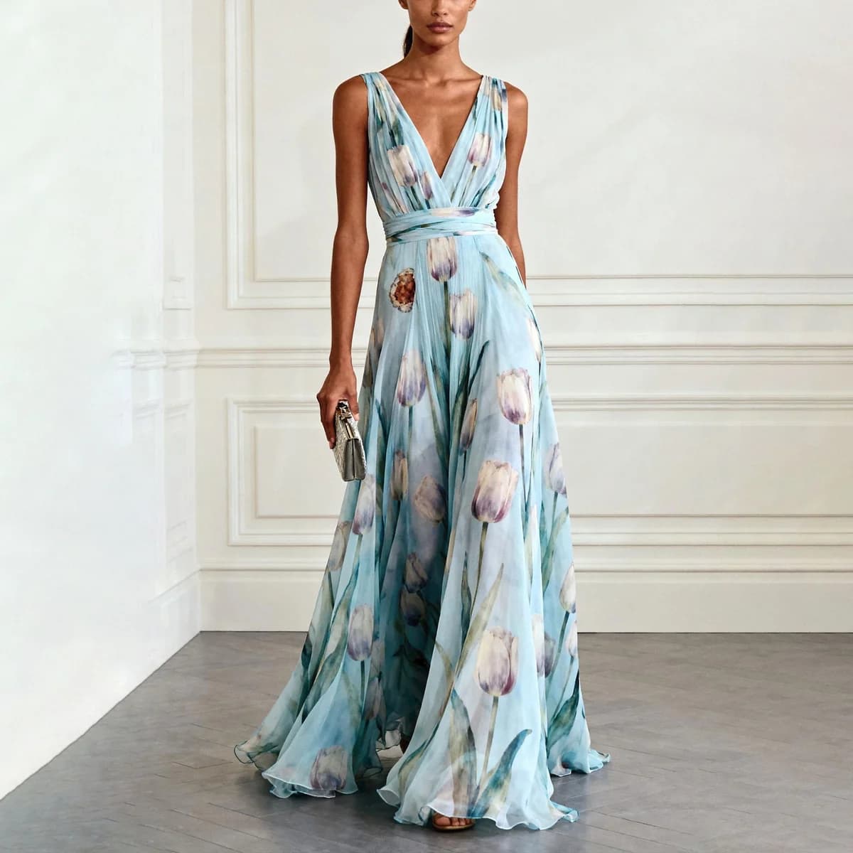 French Style Printed V-Neck Maxi Dress — image 1