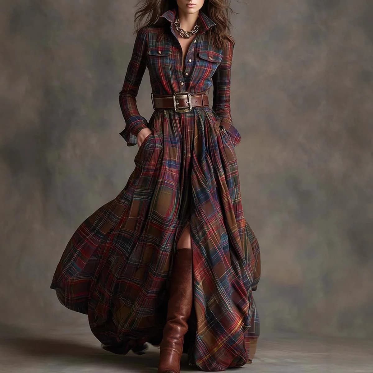 Retro Plaid Long Sleeve Shirt Dress — image 1