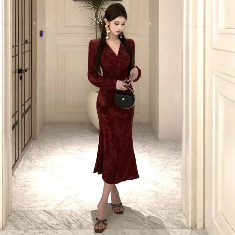 V-Neck Long Sleeve Fishtail Dress — image 1
