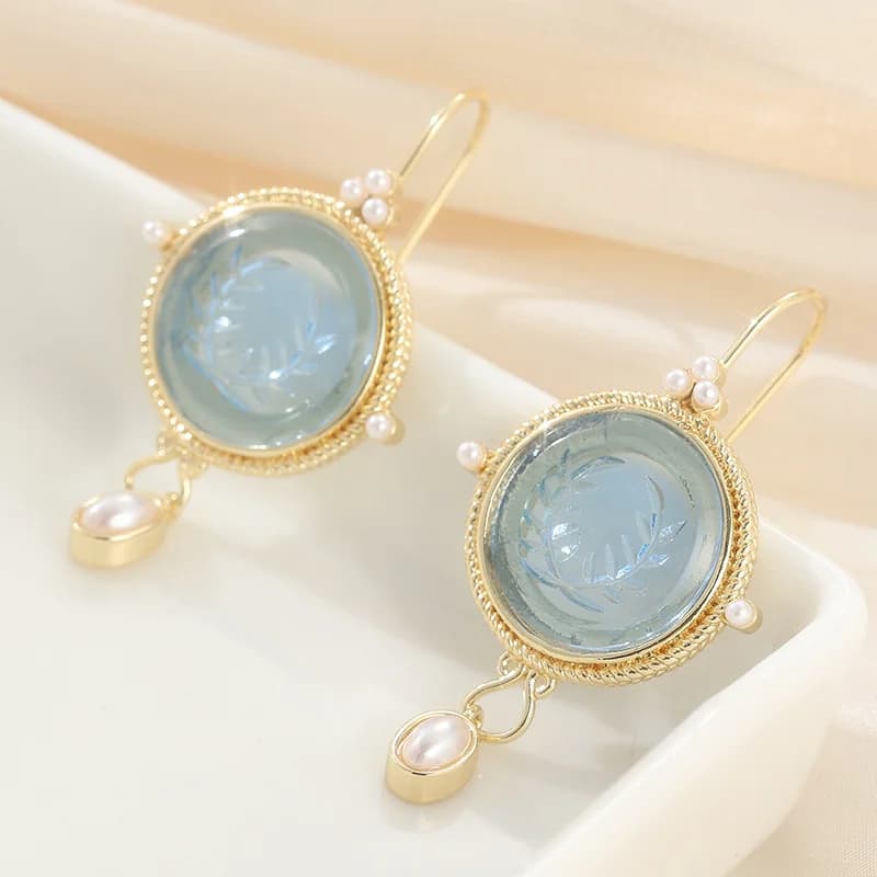 Vintage Blue Crystal Pearl Drop Earrings — image 1