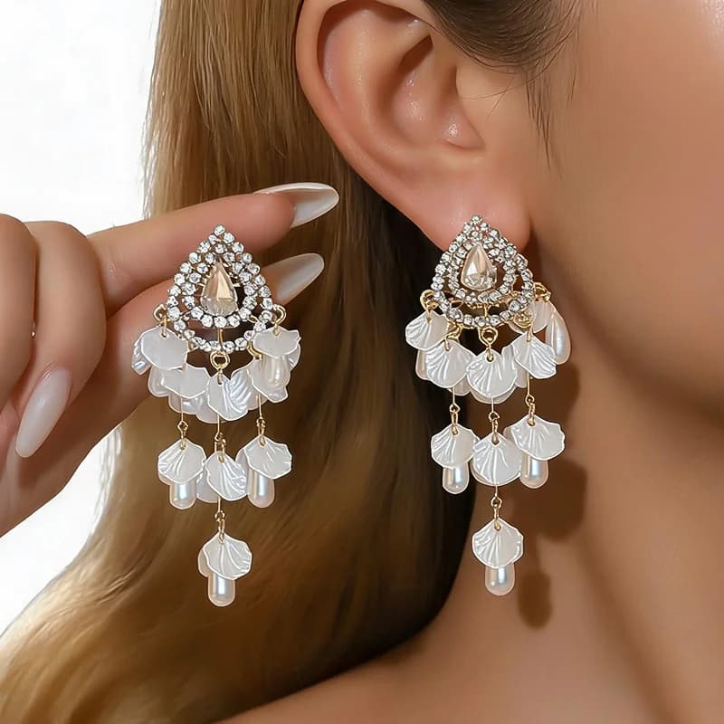 Water Drop Pearl Rhinestone Tassel Earrings — image 1